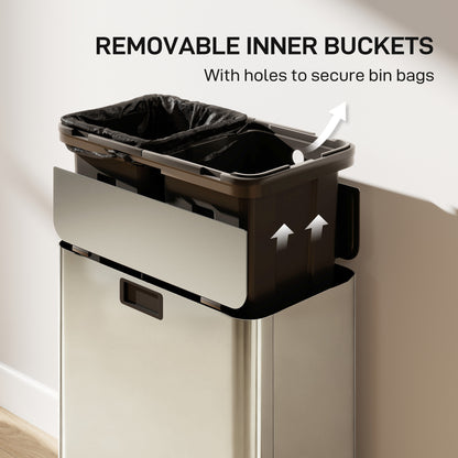 Dual Trash Can with Soft-Close Lid, Garbage Can with Removable Inner Bucket for Kitchen 2 x 7.4 Gal (2 x 28 L), Silver
