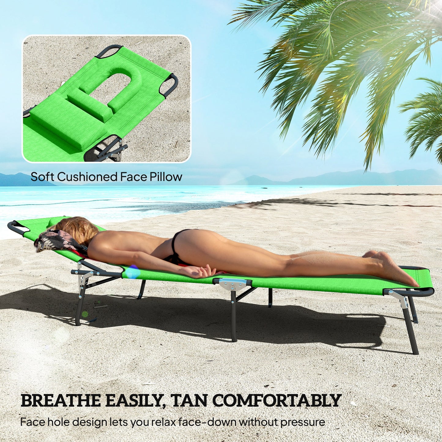 Folding Lounge Chair Set of 2, Reclining Beach Tanning Chair with Face Hole, Pillow, 4-Position Adjustable Flat Sun Loun