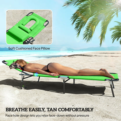 Folding Lounge Chair Set of 2, Reclining Beach Tanning Chair with Face Hole, Pillow, 4-Position Adjustable Flat Sun Loun