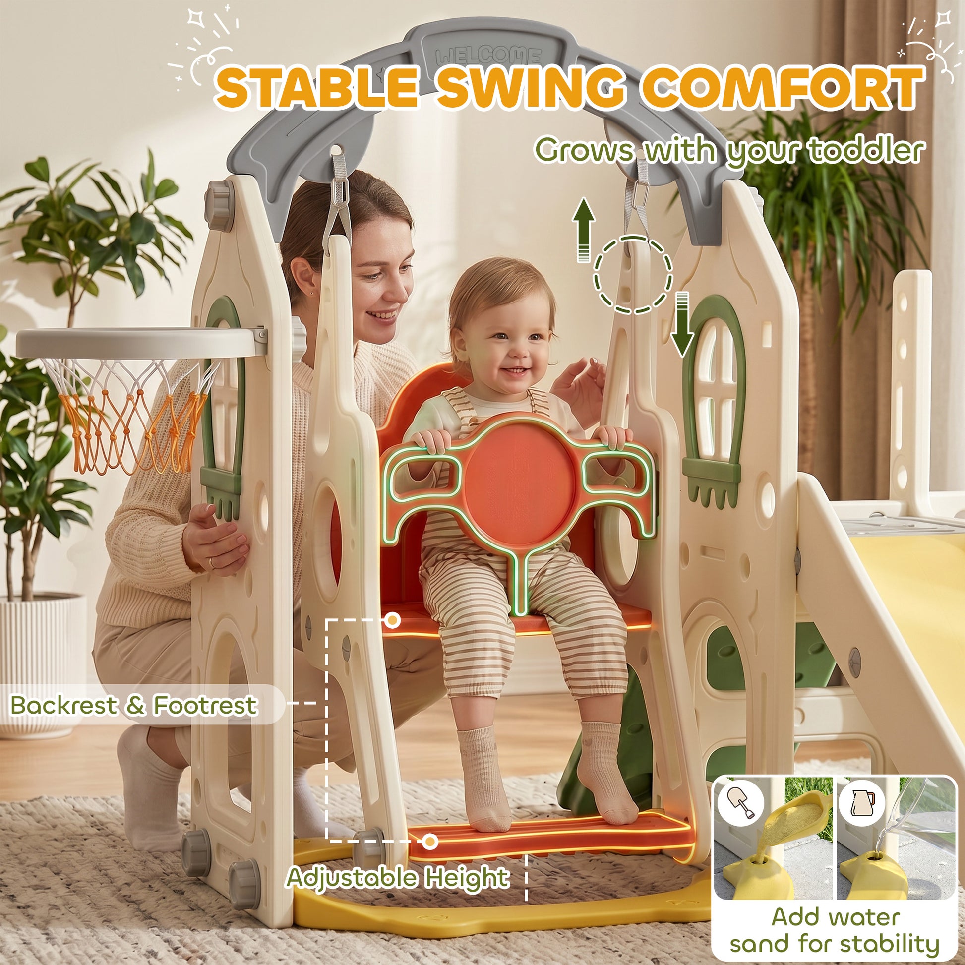 Qaba 6-in-1 Toddler Slide and Swing Set with Adjustable Swing Seat, Ladder, Climbing Wall, Basketball Hoop for Indoor Ou