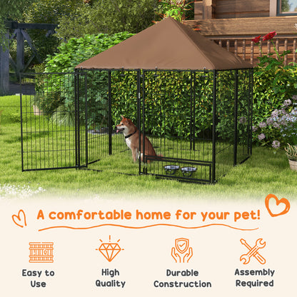 4.6' x 4.6' x 5' Outdoor Dog Kennel with Canopy, Rotating Bowls, Coffee