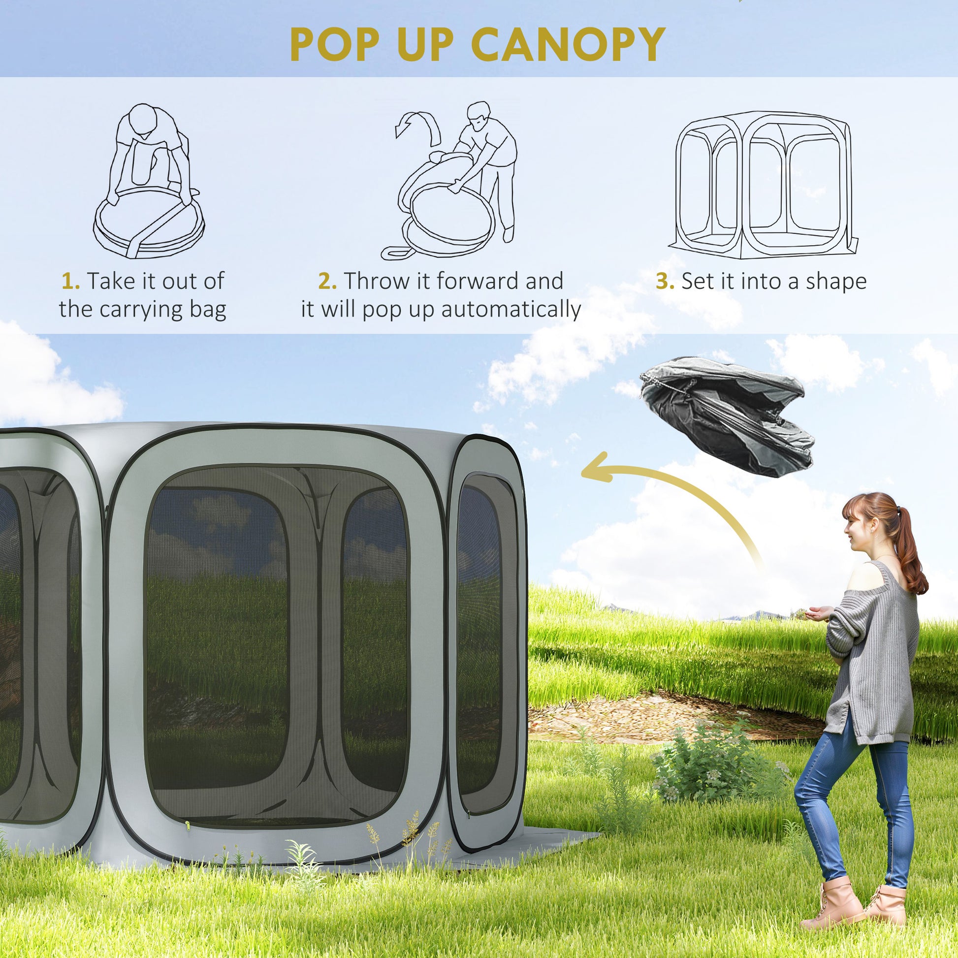 11 x 11ft Pop Up Screen Tent, UPF50+ Portable Camping Gazebo Screen House with Carry Bag, Light Grey