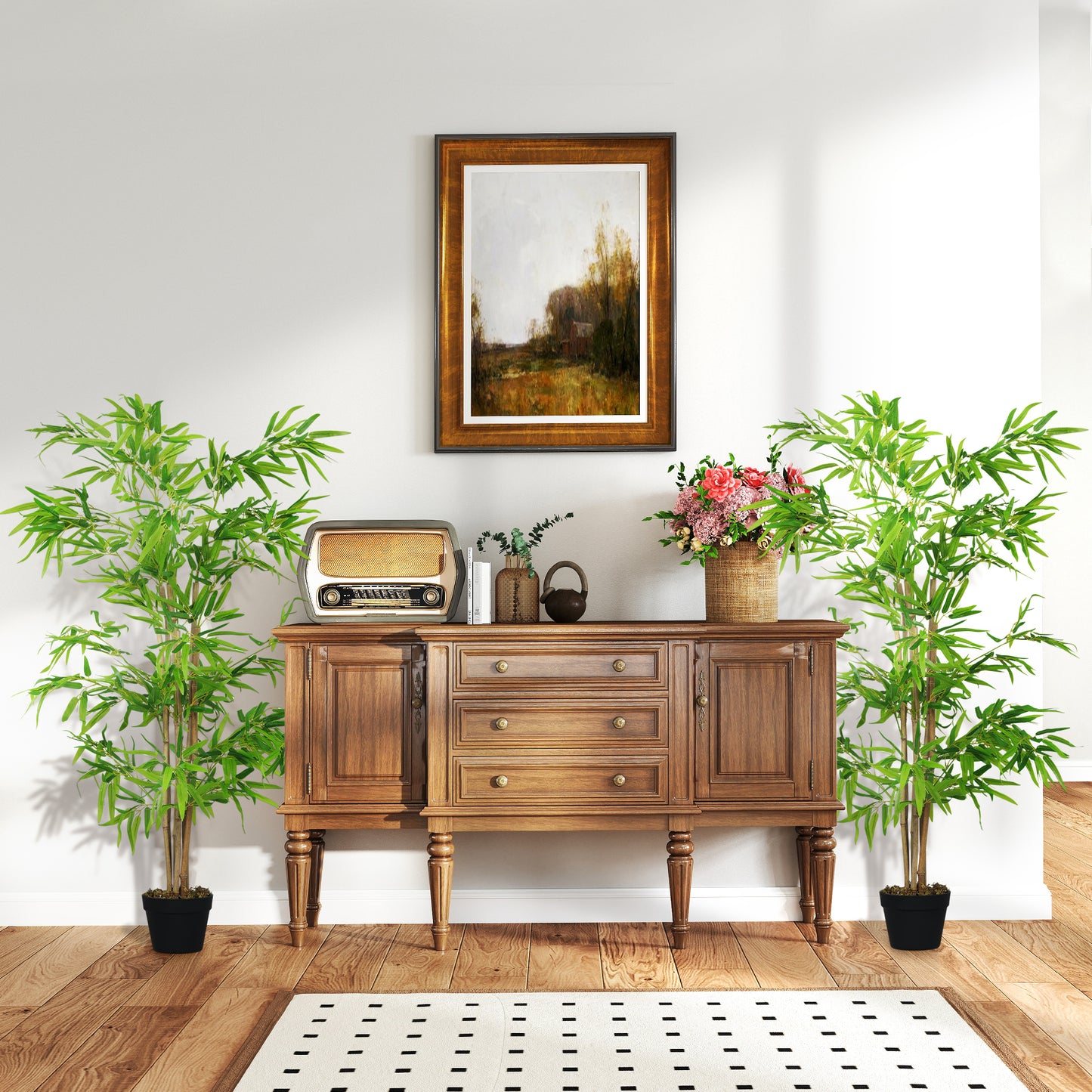 Artificial Bamboo Tree Set of 2, 5ft Fake Tree with Realistic Leaf and Natural Trunk, Decorative Plant in Nursery