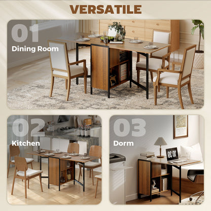 Multi-use Foldable Table with Hideaway Shelves, Drop Leaf Table for Kitchen, Dining, Study and Office, Brown