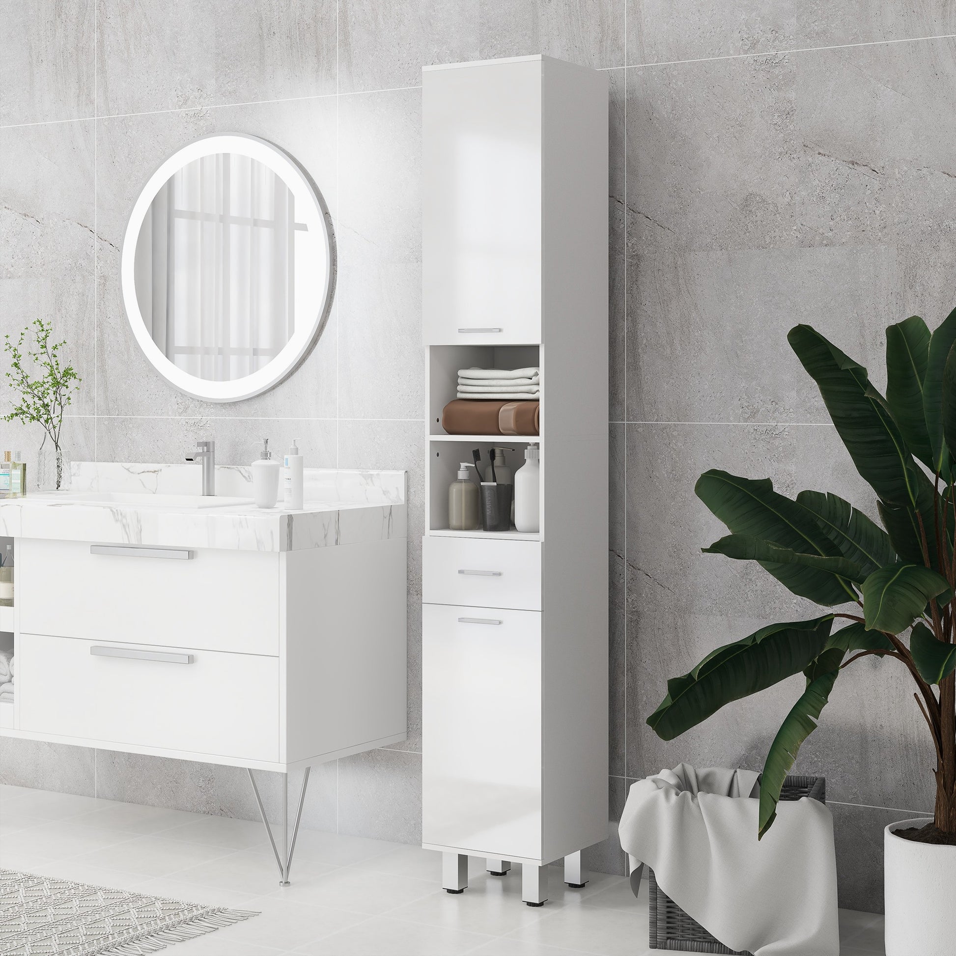 71" Tall Bathroom Storage Cabinet, Narrow Linen Tower with Drawer, Open Shelves, 2 Doors Cabinets and Adjustable Shelves