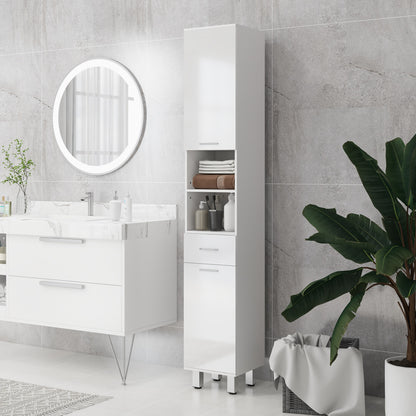 71" Tall Bathroom Storage Cabinet, Narrow Linen Tower with Drawer, Open Shelves, 2 Doors Cabinets and Adjustable Shelves