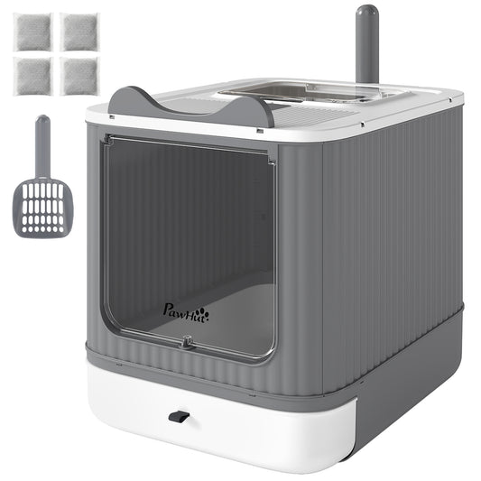 Litter Box with Lid, Enclosed Kitty Litter Box with Front-Entry, Top-Exit, Scoop, Deodorizer Bag for Medium Cats, White