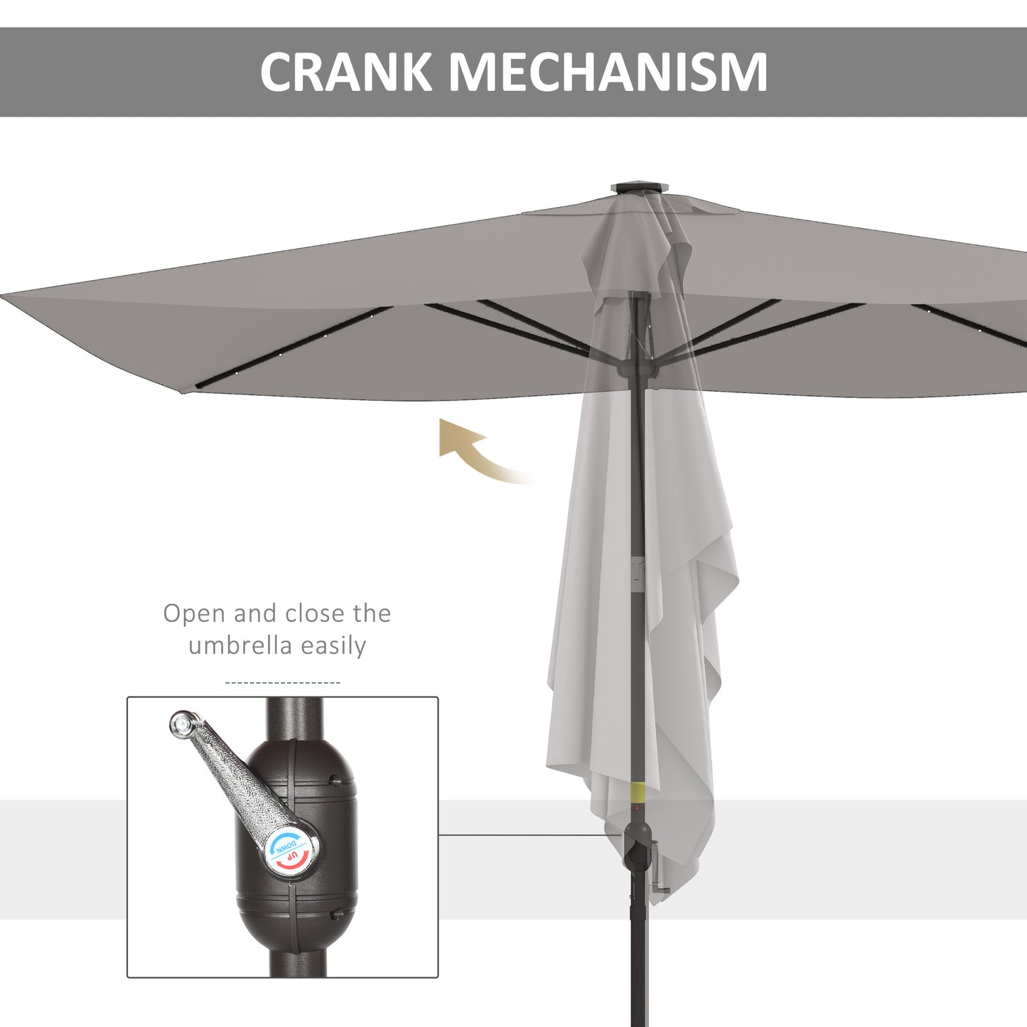6.5x10ft Patio Umbrella Tilt Aluminum Outdoor Market Parasol with Solar Powered LEDs, Crank - Light Grey