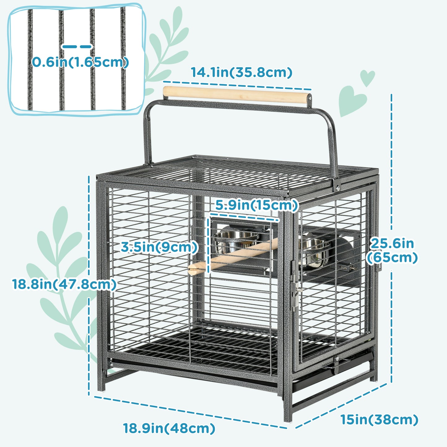 Bird Travel Carrier Cage, Portable Metal Bird Cage for Parrots Conures Cockatiel Parakeets with Stand Perch, Stainless S
