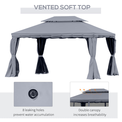 13' x 10' Patio Gazebo, Double Roof Outdoor Gazebo Canopy Shelter with Netting & Curtains, Strong Aluminum Frame, Dark G