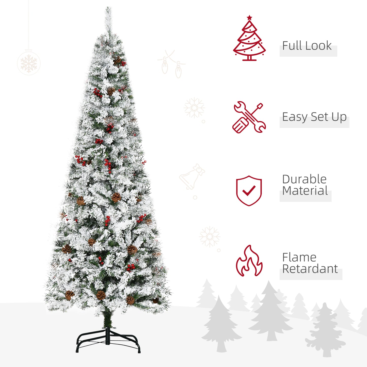 6 Foot Pencil Snow Flocked Artificial Christmas Tree with 600 Pine Realistic Branches, Pine Cones, Red Berries, Auto Ope