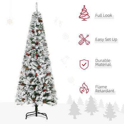 6 Foot Pencil Snow Flocked Artificial Christmas Tree with 600 Pine Realistic Branches, Pine Cones, Red Berries, Auto Ope