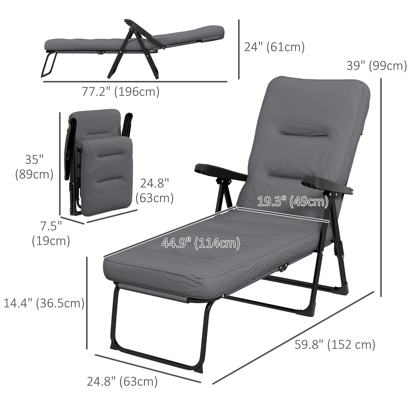 Outdoor Lounge Chair with Padded Cushion, Folding Reclining Patio Garden Chair with Recline Back, Footrest, for Poolside