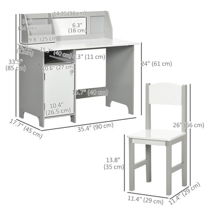 Qaba 2Pcs Kids Desk and Chair Set with Whiteboard, Storage, Shelves, Grey