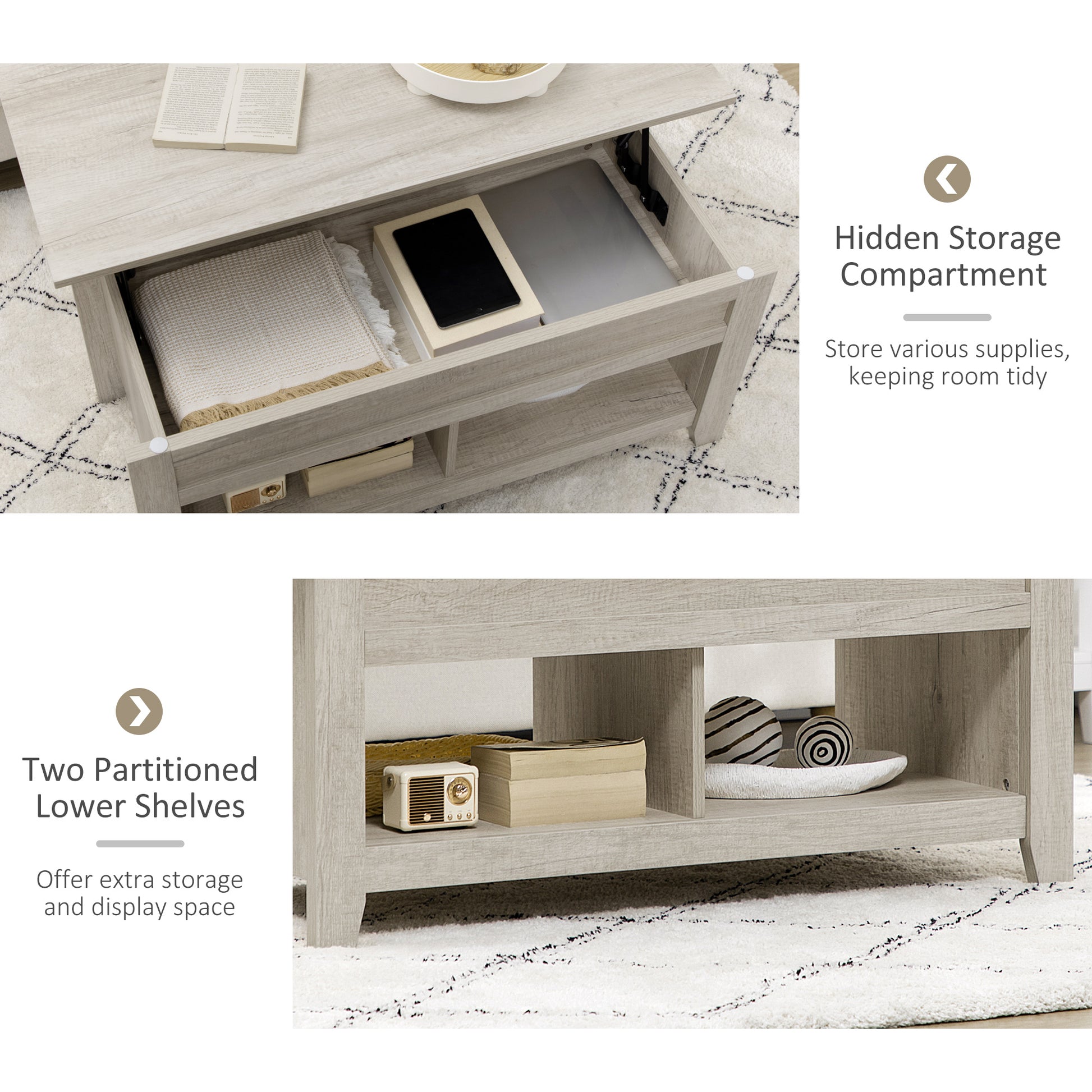 Lift Top Coffee Table with Hidden Storage Compartment and Open Shelves, Lift Tabletop Pop-Up Center Table for Living Roo