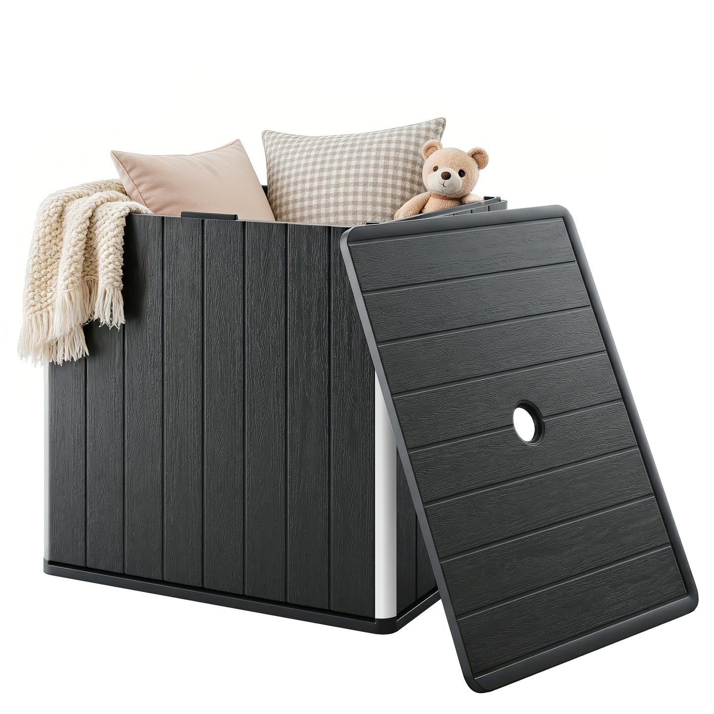 30 Gallon Storage Box, Outdoor Side Table with Umbrella Holder, Black