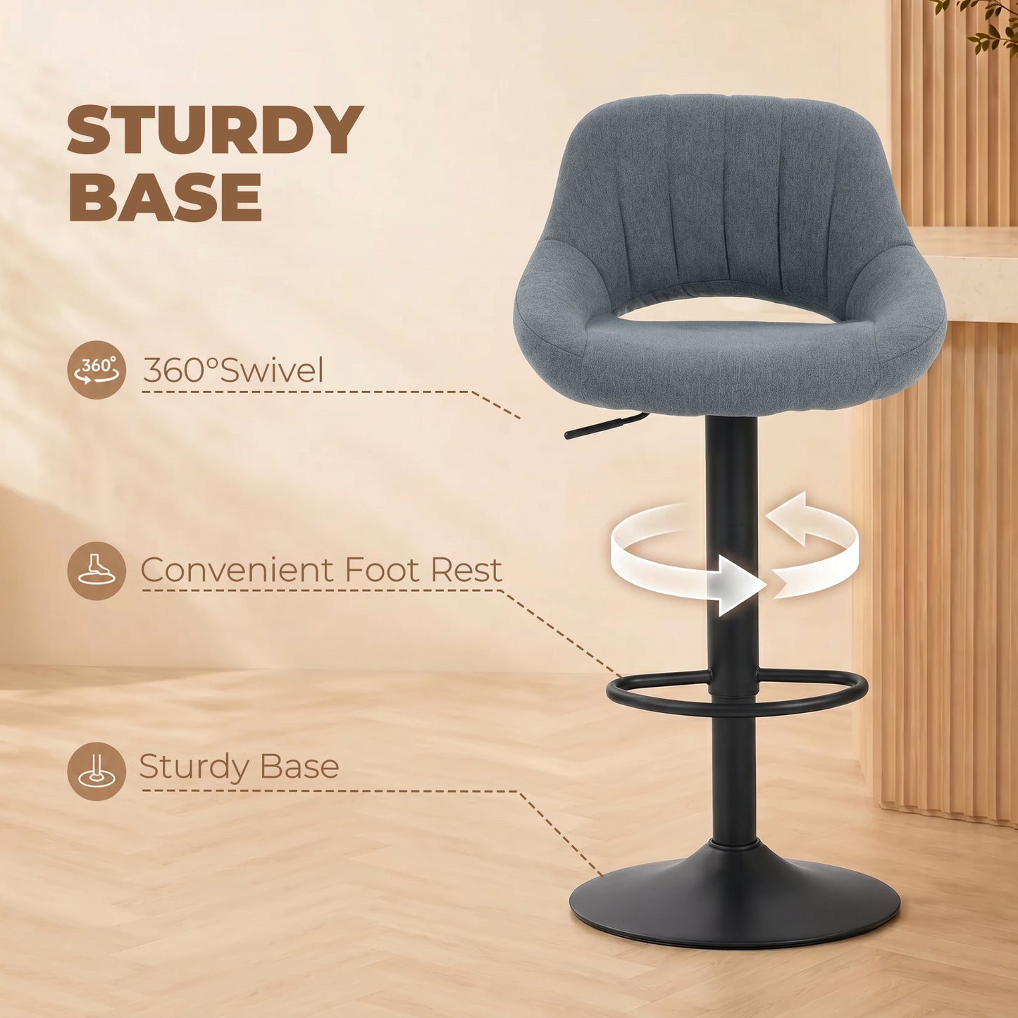 Swivel Bar Stools Set of 2, Linen Upholstered Counter Height Barstools with Round Metal Base
