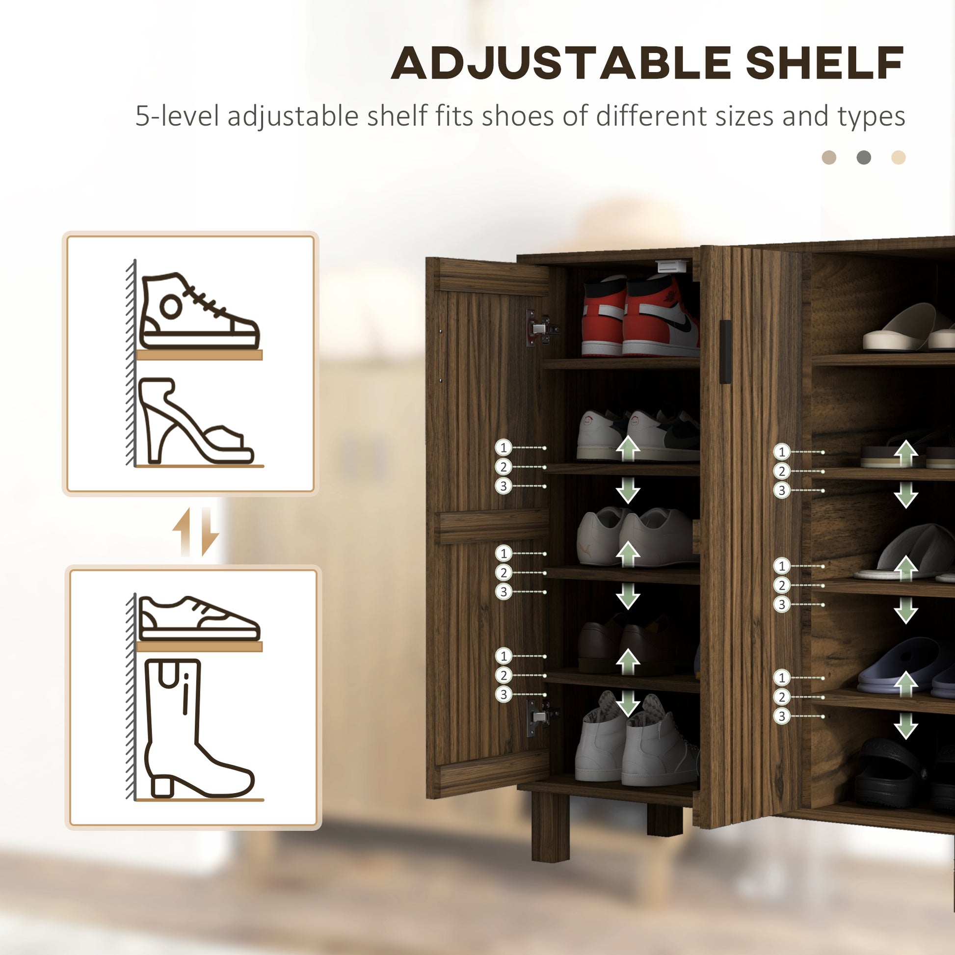Shoe Storage with Double Doors and Open Shelves 17 Pair Shoe Storage Organizer for Entryway Hallway Walnut