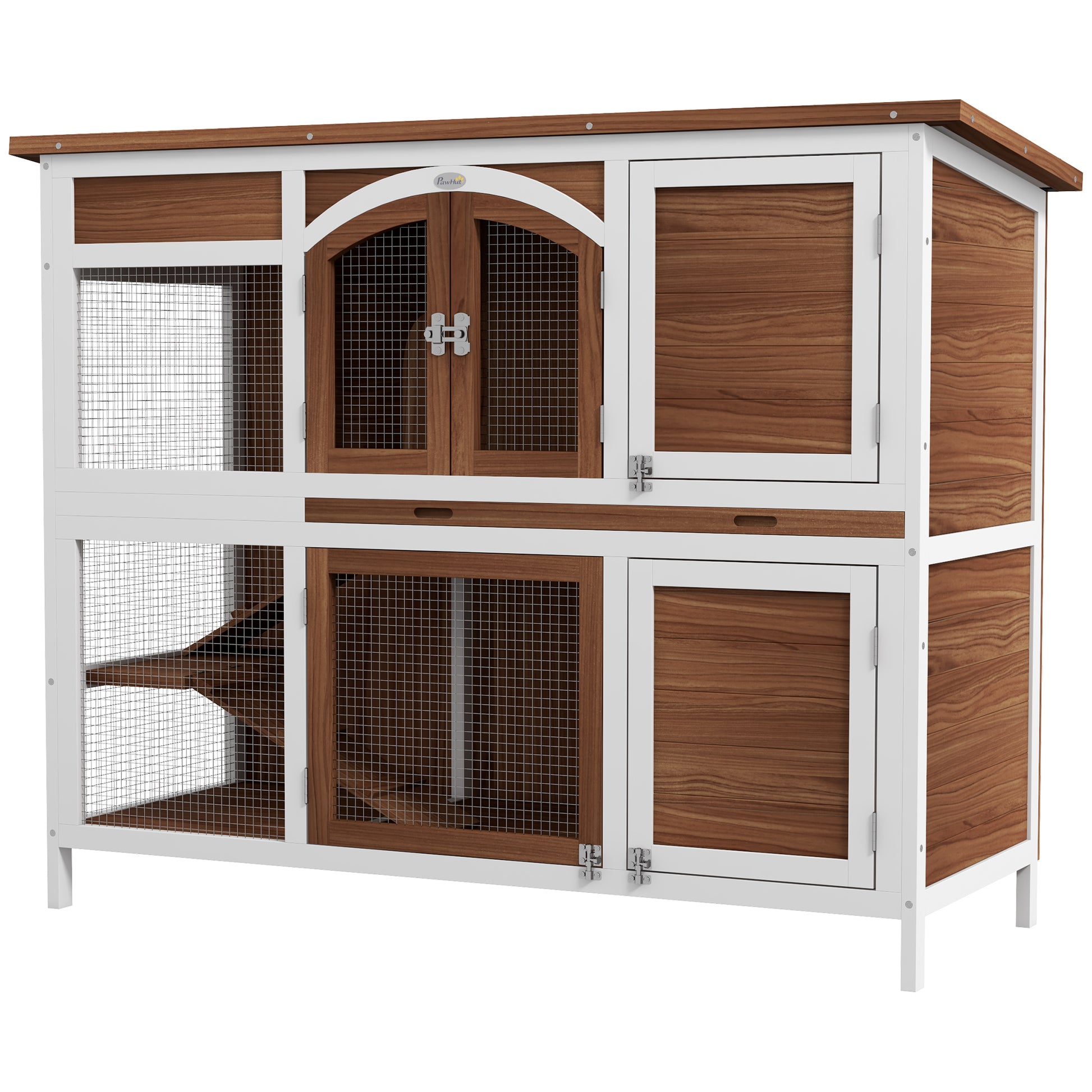 Two-Tier Wooden Rabbit Hutch with Openable Roof, Slide-Out Tray