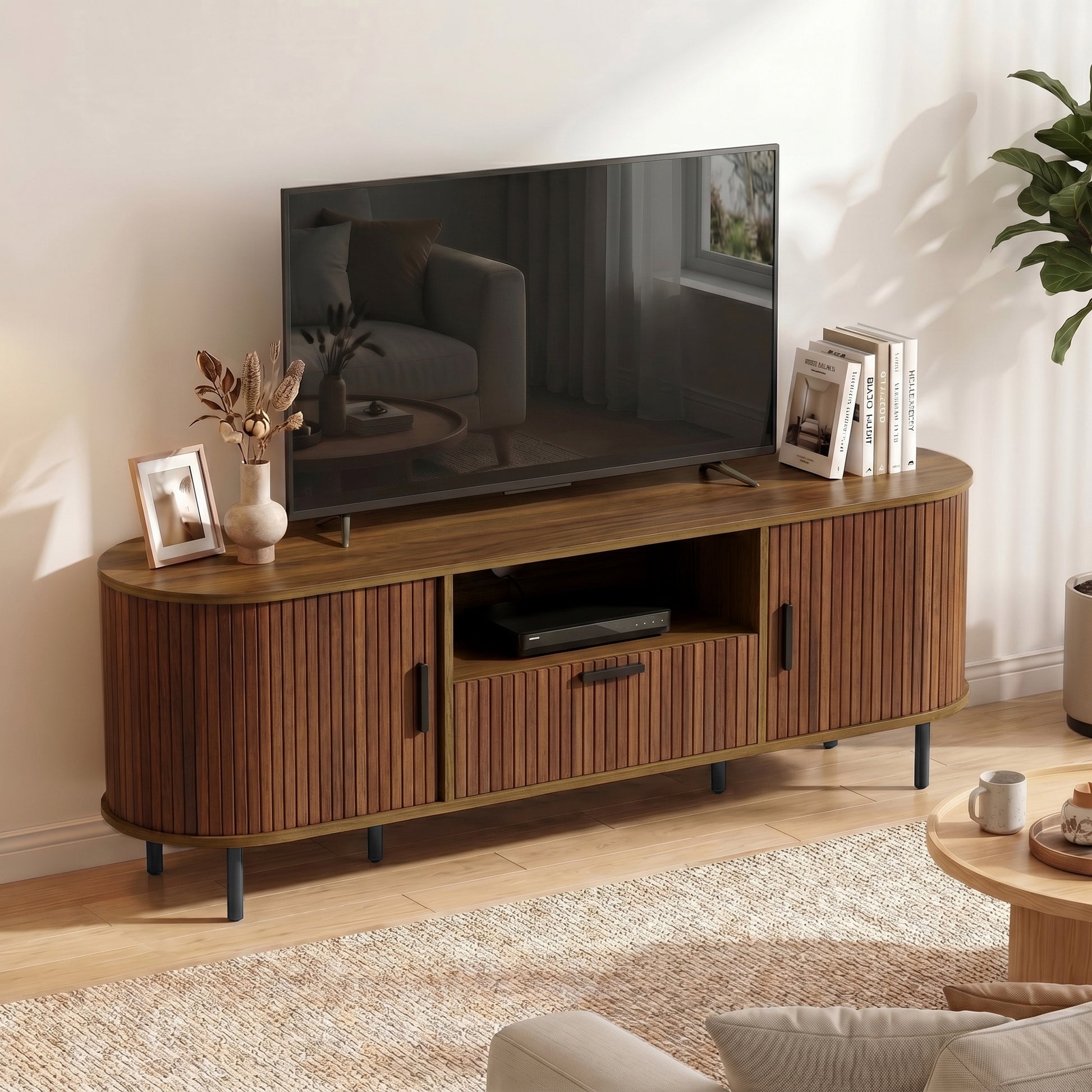 TV Stand for TVs up to 60", Modern Entertainment Center with Curved Sliding Doors and Storage, Brown