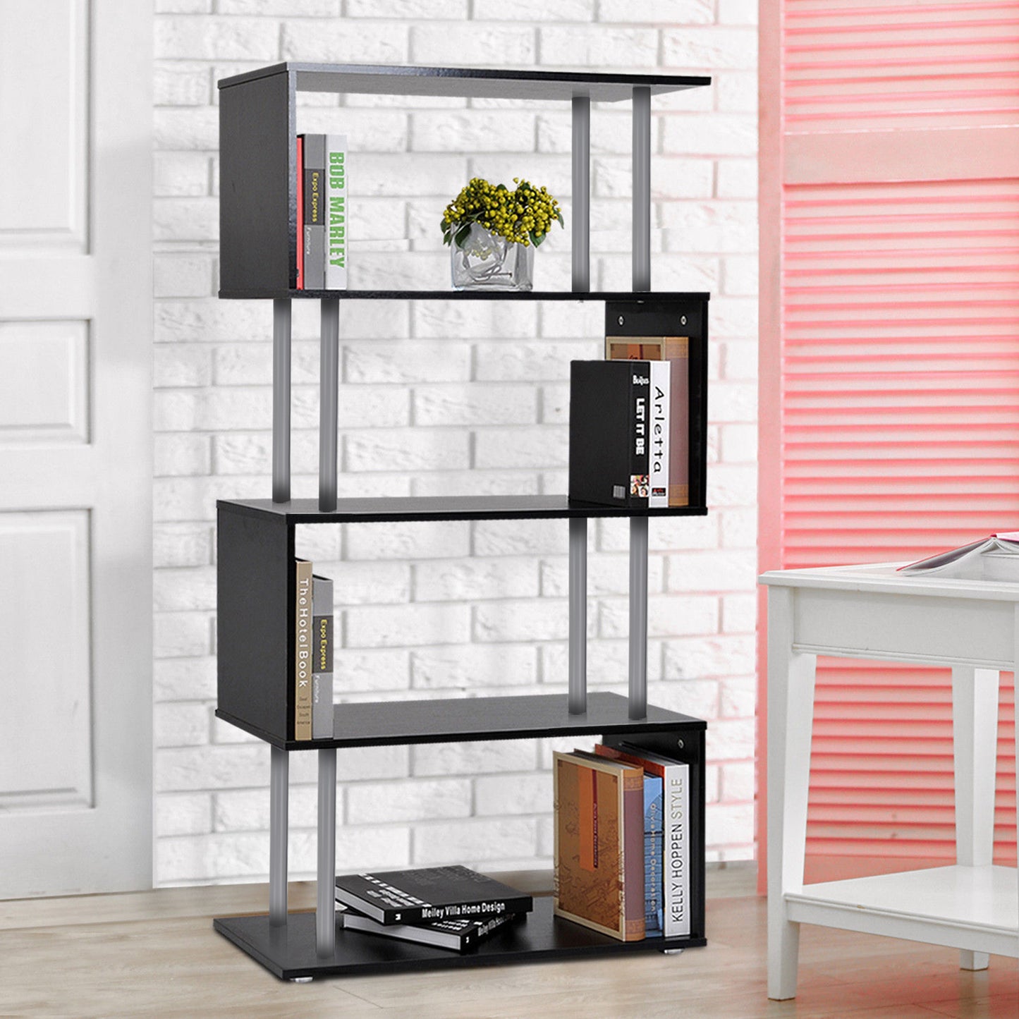 5-Tiers Geometric Wooden Bookcase S-Shaped Storage Bookshelf Display with Metal Frame for Living Room, Bedroom, Home Off