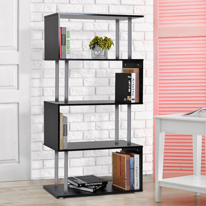 5-Tiers Geometric Wooden Bookcase S-Shaped Storage Bookshelf Display with Metal Frame for Living Room, Bedroom, Home Off