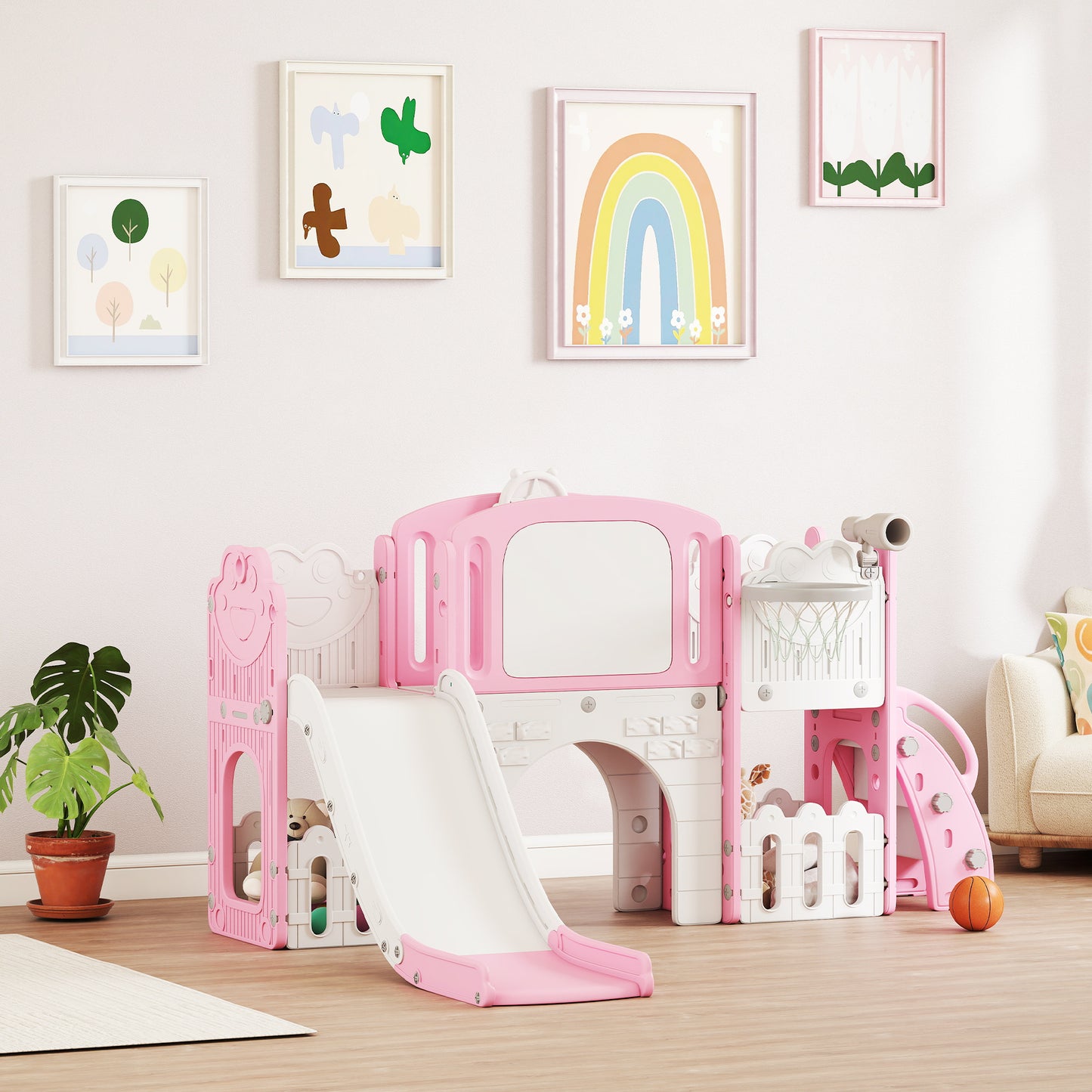Qaba 7 in 1 Toddler Slide with Basketball Hoop, Climbing Frame, Telescope, Drawing Board, Storage Box for Ages 1-3, Pink
