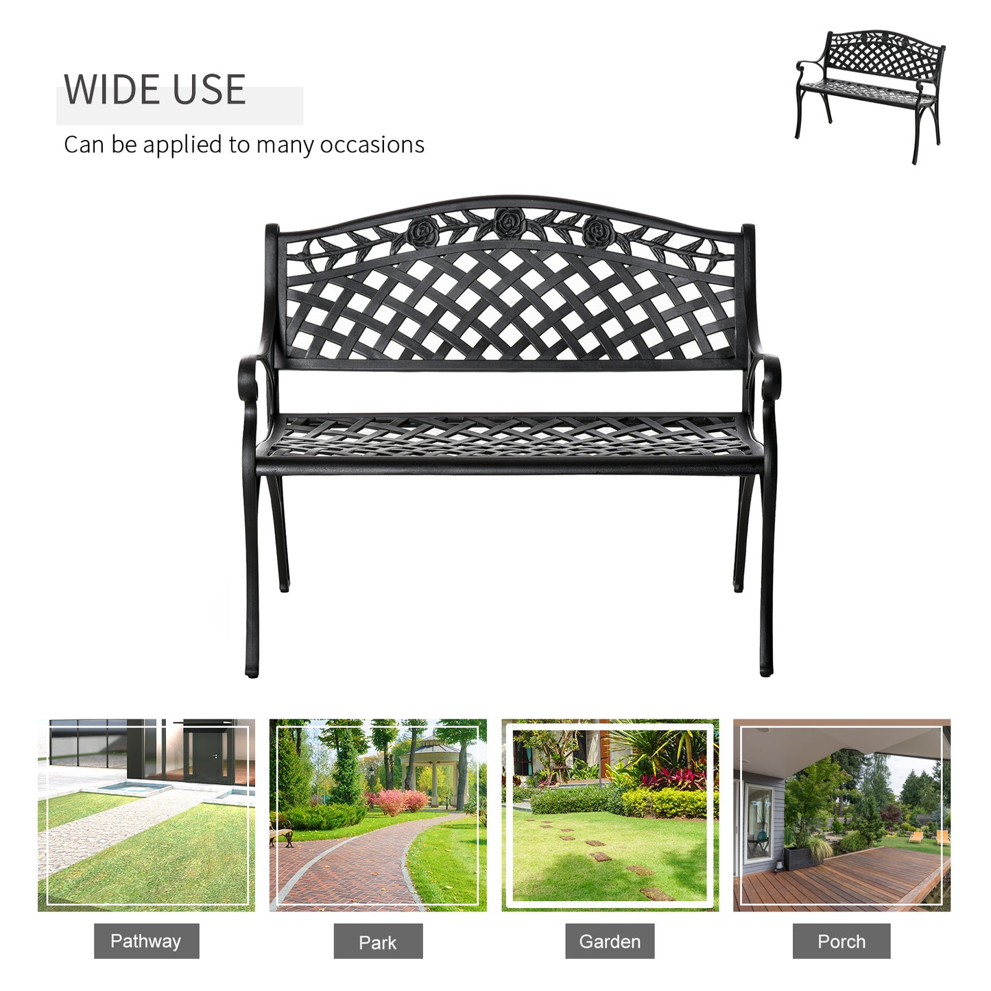 Outdoor Garden Bench, 40" Patio Bench with Aluminum Frame and Armrests, 2-Person Patio Loveseat with Floral Pattern for 