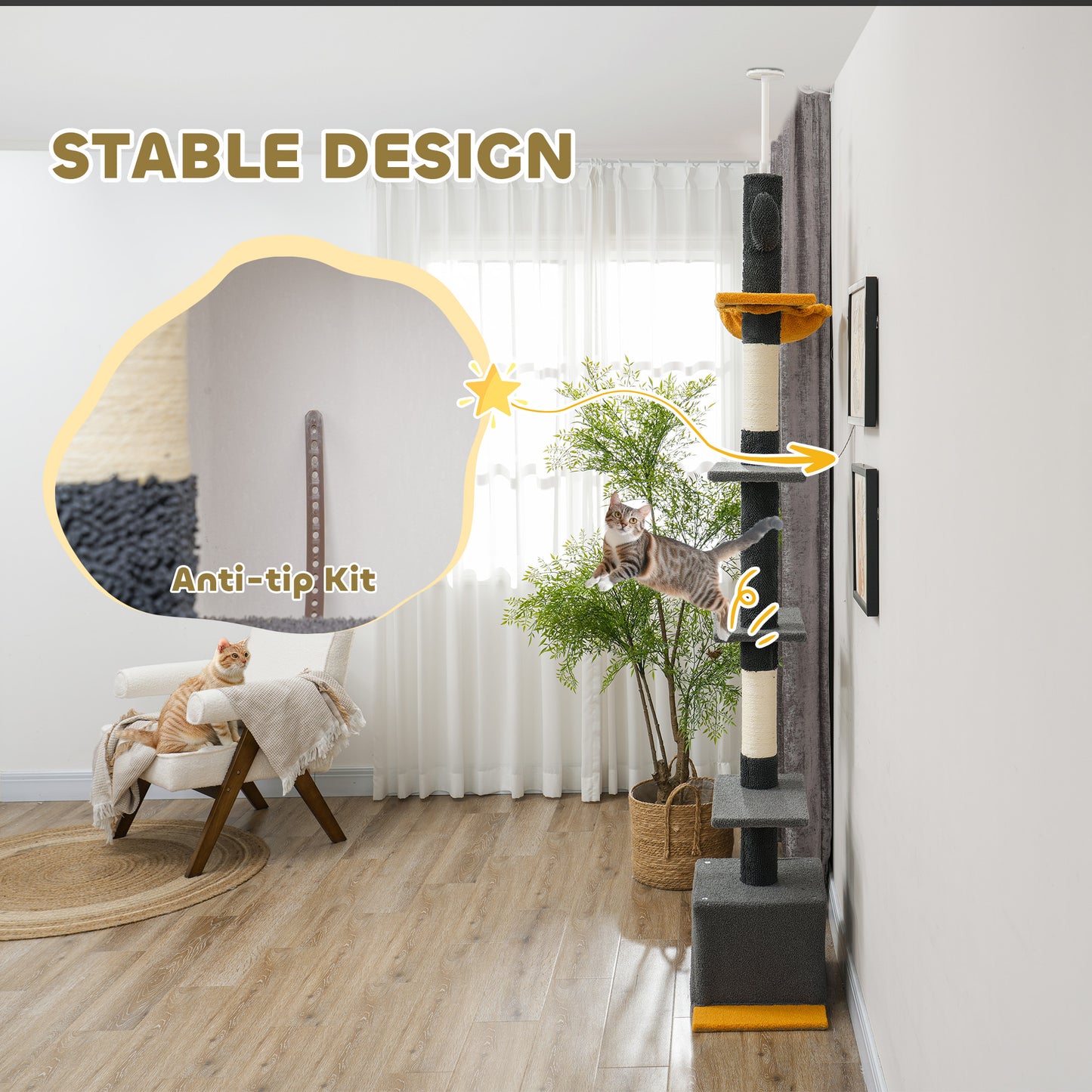 Floor to Ceiling Cat TreeTower with 90.5"-108" Adjustable Height, Scratching Posts, Hammock, Condo, Toy Ball, Dark Grey
