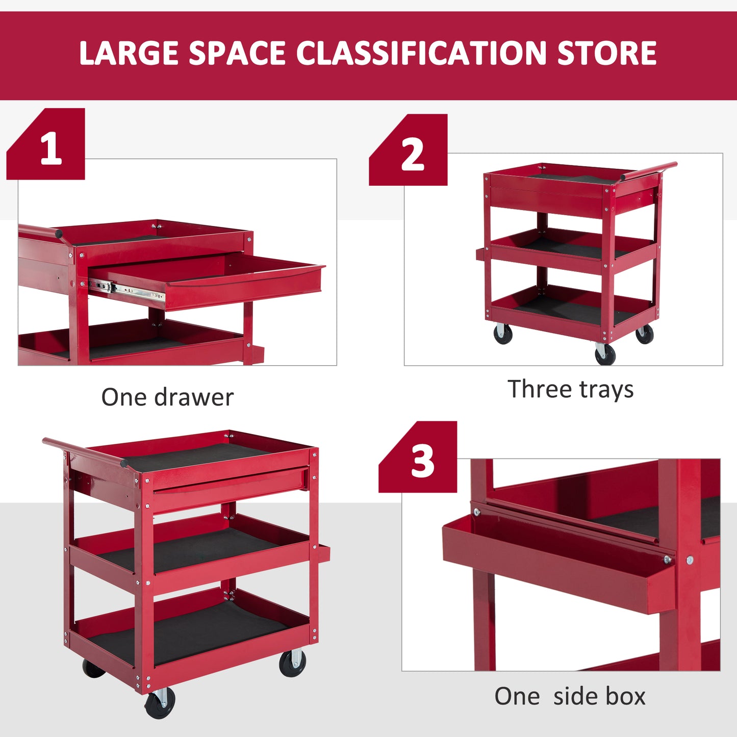 3-Tier Rolling Tool Cart with Drawer and Side Box, 132 LBS Capacity Steel Utility Cart, Mobile Service Tool Organizer fo