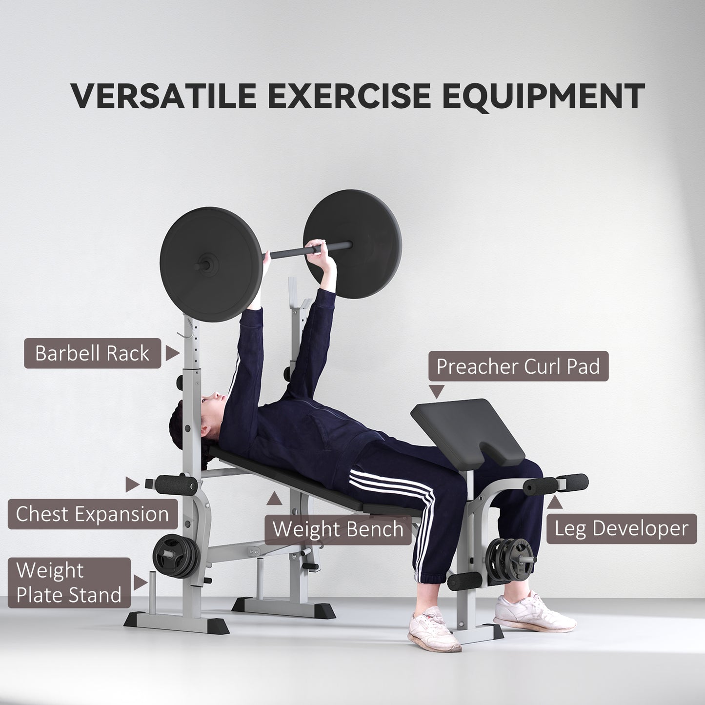 Soozier Bench Press Set Adjustable Weight Bench with Squat Rack, Preacher Curl Pad, Leg Developer and Weight Storage, Gr