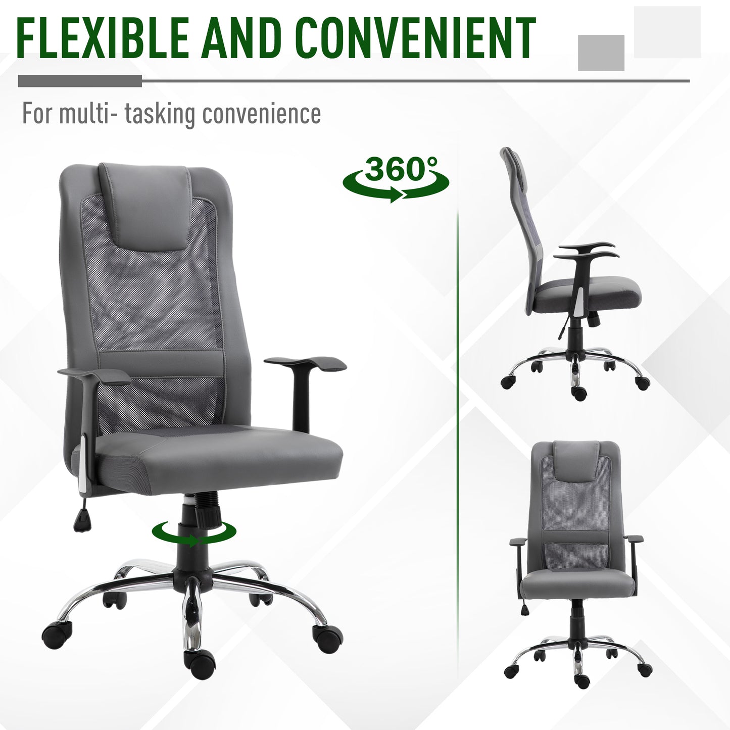 Office Chair High Back Mesh Ergonomic Computer Desk Seat Thick Padded Headrest with Armrest Office Grey