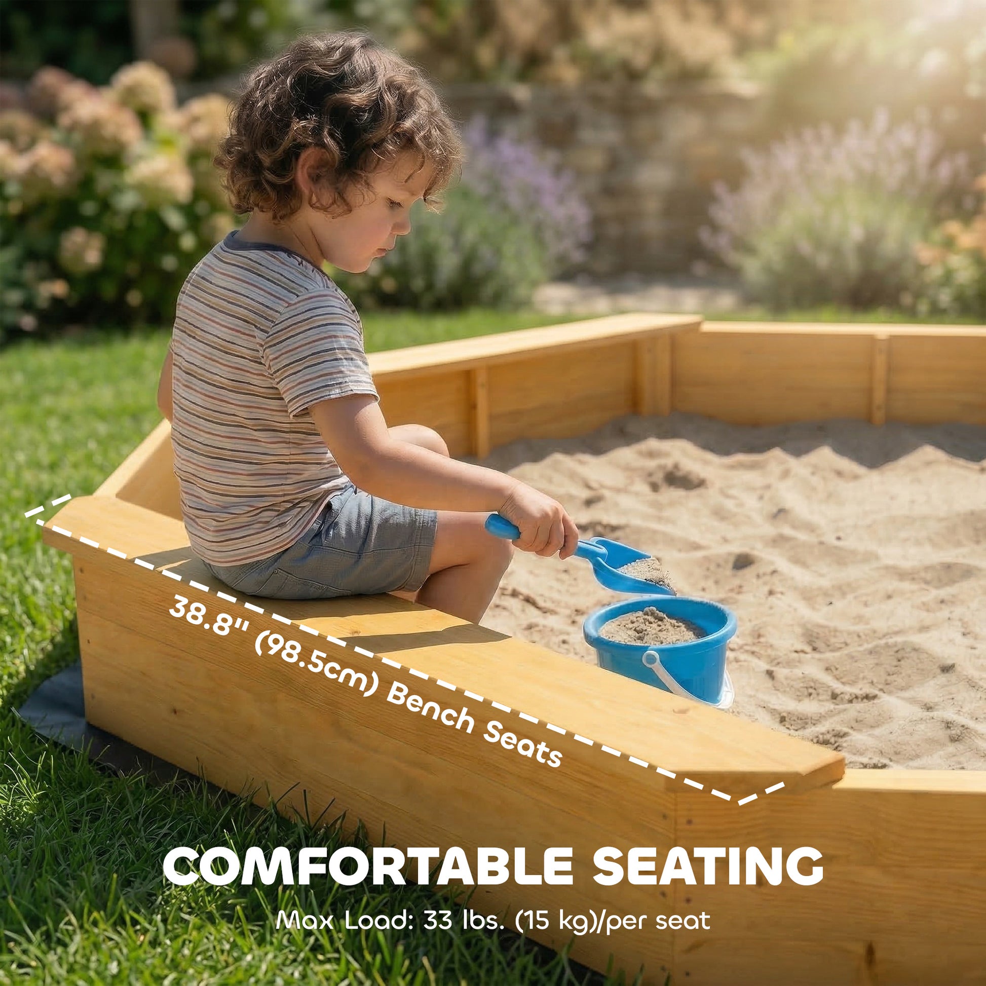 Qaba Wooden Kids Wooden Sandbox with Large Canopy, Outdoor Sand Box with 4 Bench Seats, Bottom Liner for Aged 3-8, Yello