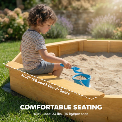 Qaba Wooden Kids Wooden Sandbox with Large Canopy, Outdoor Sand Box with 4 Bench Seats, Bottom Liner for Aged 3-8, Yello