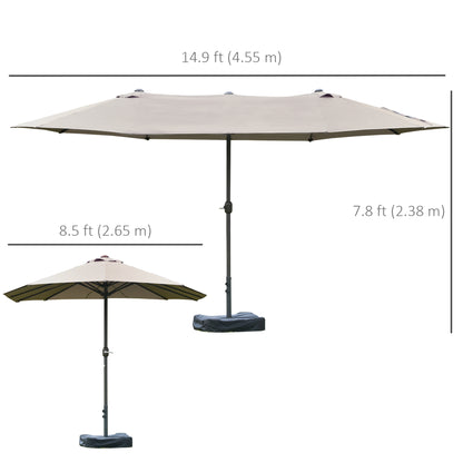 15' Outdoor Patio Umbrella with Twin Canopy Sunshade Steel Table Umbrella w/ Lift Crank, Cross base, Sandbag, Light Grey