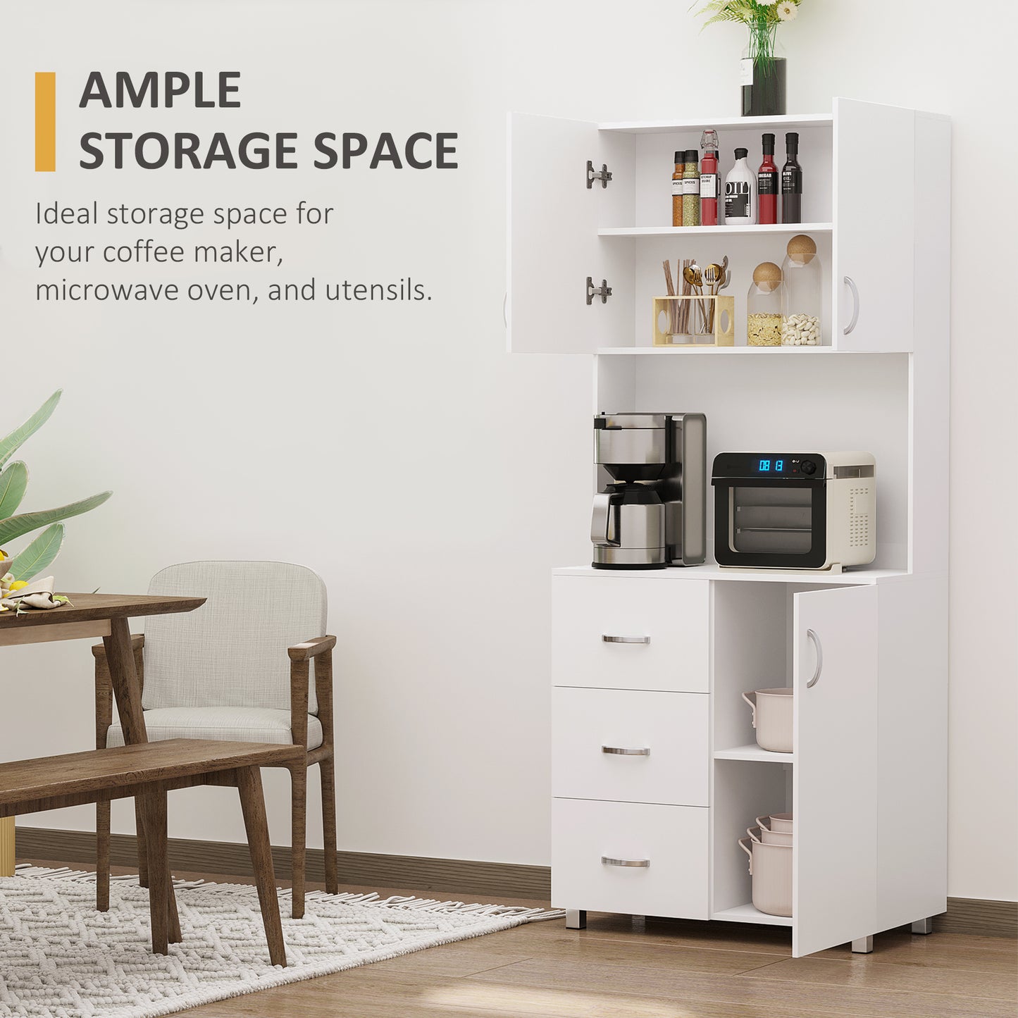 Freestanding Kitchen Buffet with Hutch Storage Organizer with 2 Door Cabinets, 3 Drawers and Open Countertop, Adjustable