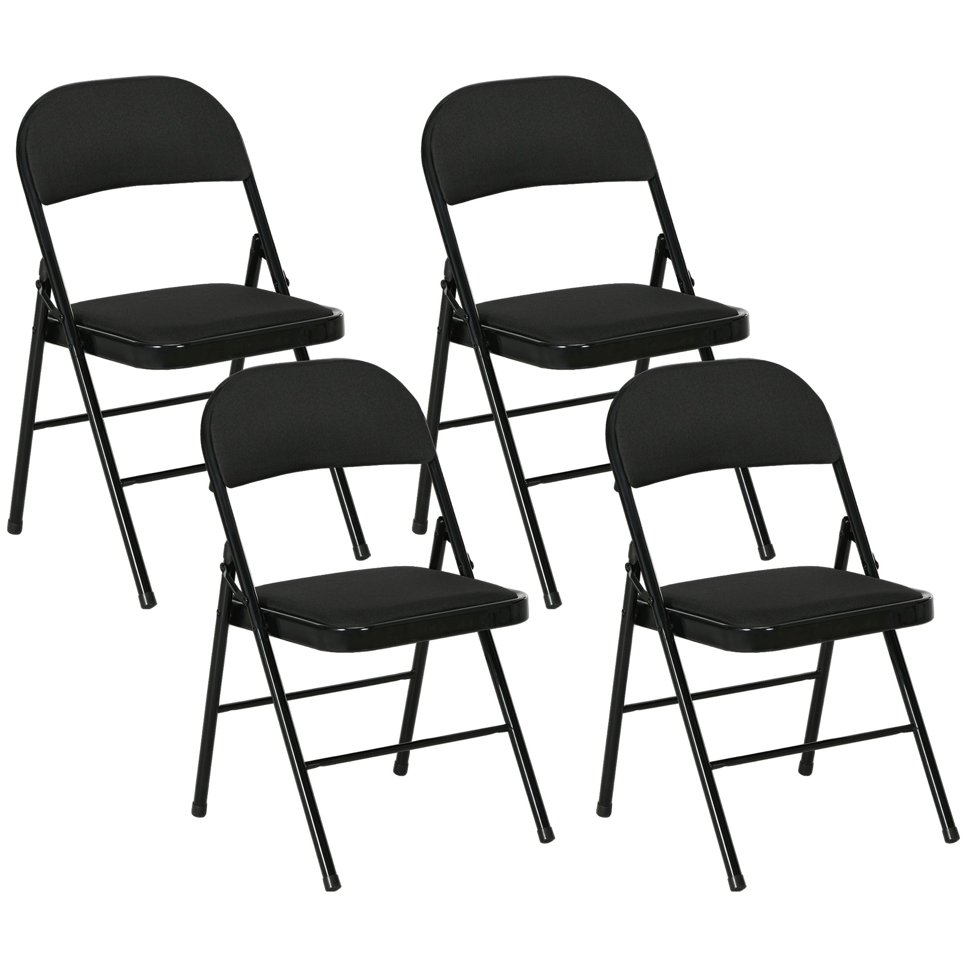 Set of 4 Metal Foldable Chairs, Faux Linen Padded Folding Chairs with Cushion Seat and Open Back for Indoor, Black