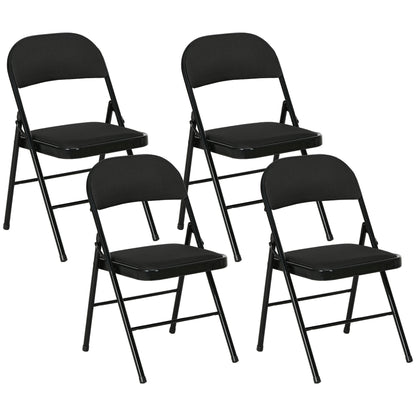 Set of 4 Metal Foldable Chairs, Faux Linen Padded Folding Chairs with Cushion Seat and Open Back for Indoor, Black