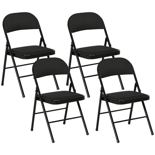 Set of 4 Metal Foldable Chairs, Faux Linen Padded Folding Chairs with Cushion Seat and Open Back for Indoor, Black