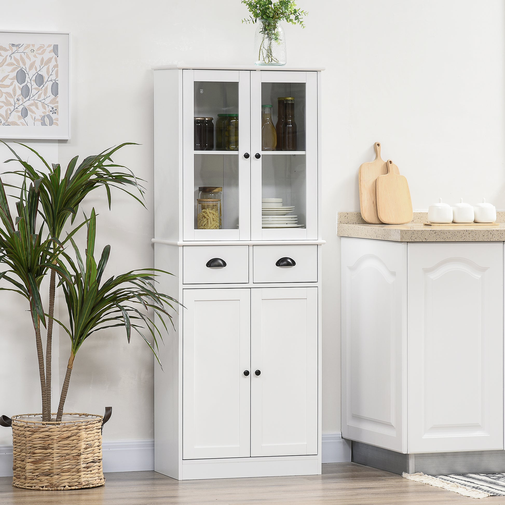 61" Kitchen Pantry Cabinet, Freestanding Farmhouse Buffet Storage Cabinet with Soft Close Glass Doors and Adjustable She