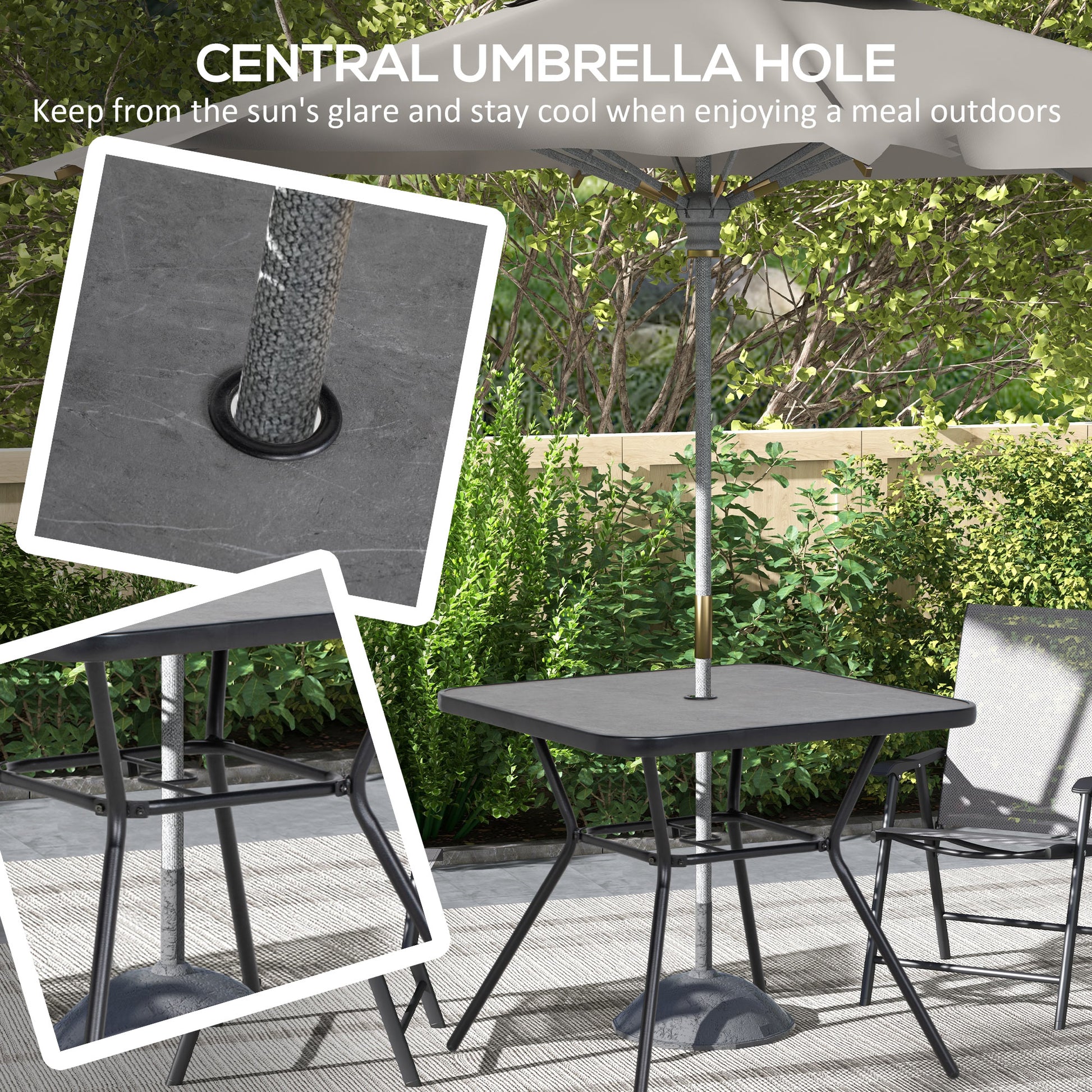 Square Outdoor Table, Patio Bistro Coffee Table with Faux-marbled Top and 42mm Umbrella Hole for Garden, Dark Grey