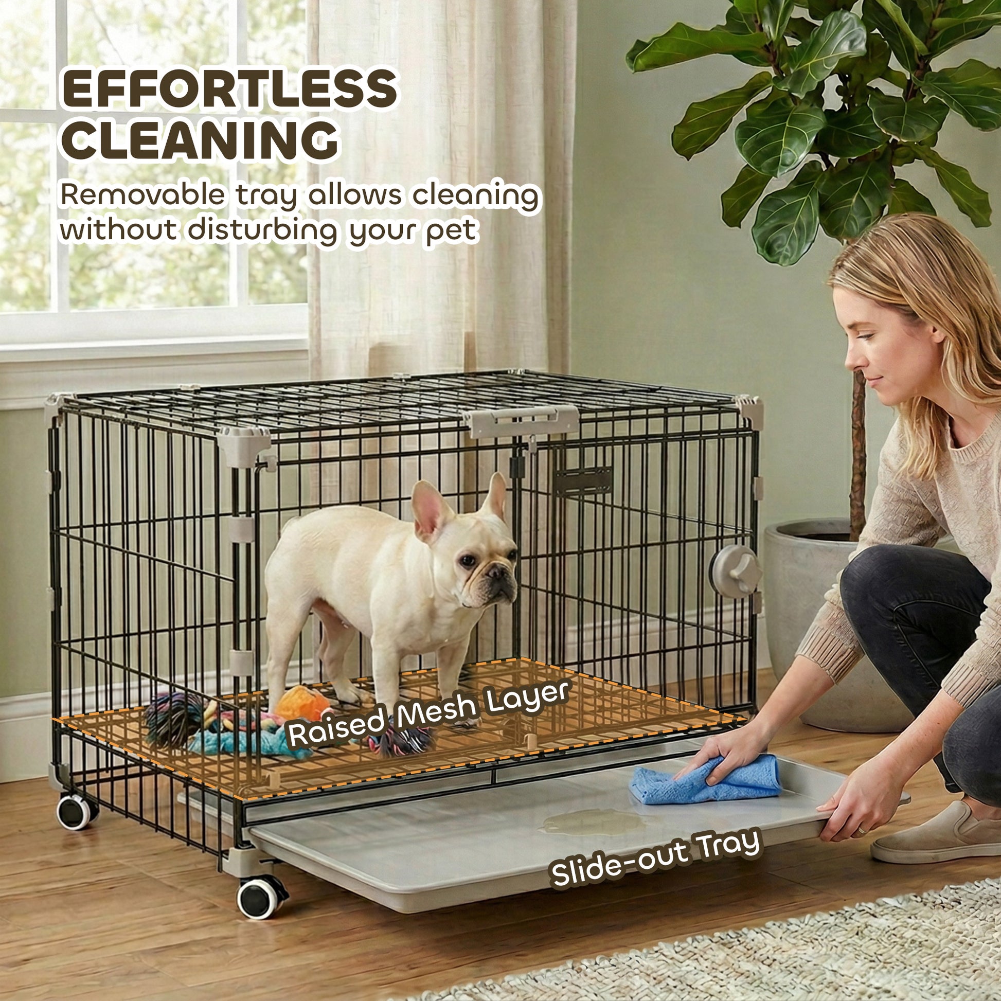 Dog Crate, 24 Inch Metal Dog Cage with Removable Tray, Lockable Wheels, 2 Doors for Small Breeds, Black