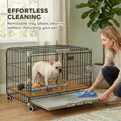Dog Crate, 24 Inch Metal Dog Cage with Removable Tray, Lockable Wheels, 2 Doors for Small Breeds, Black