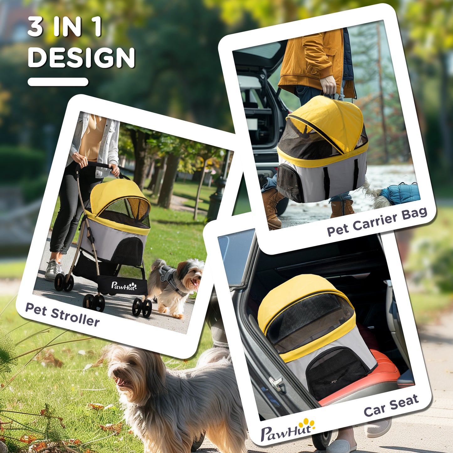 4 Wheels Pet Stroller, 3 in 1 Dog Cat Travel Folding Carrier, for Small Dogs, Detachable, w/ Brake, Canopy, Basket, Stor