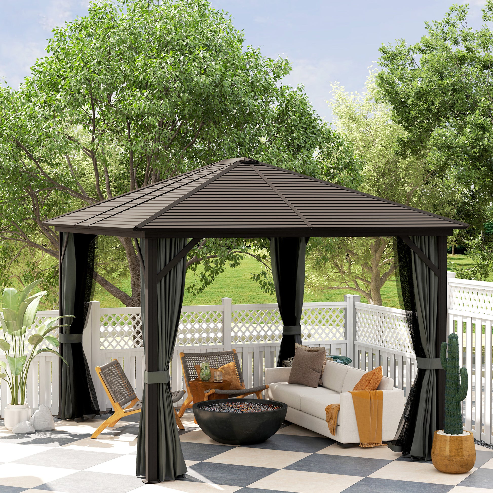 10' x 12' Deluxe Hardtop Gazebo with Metal Roof, Aluminum Frame Patio Gazebo Garden Sun Shelter Outdoor Pavilion with Cu