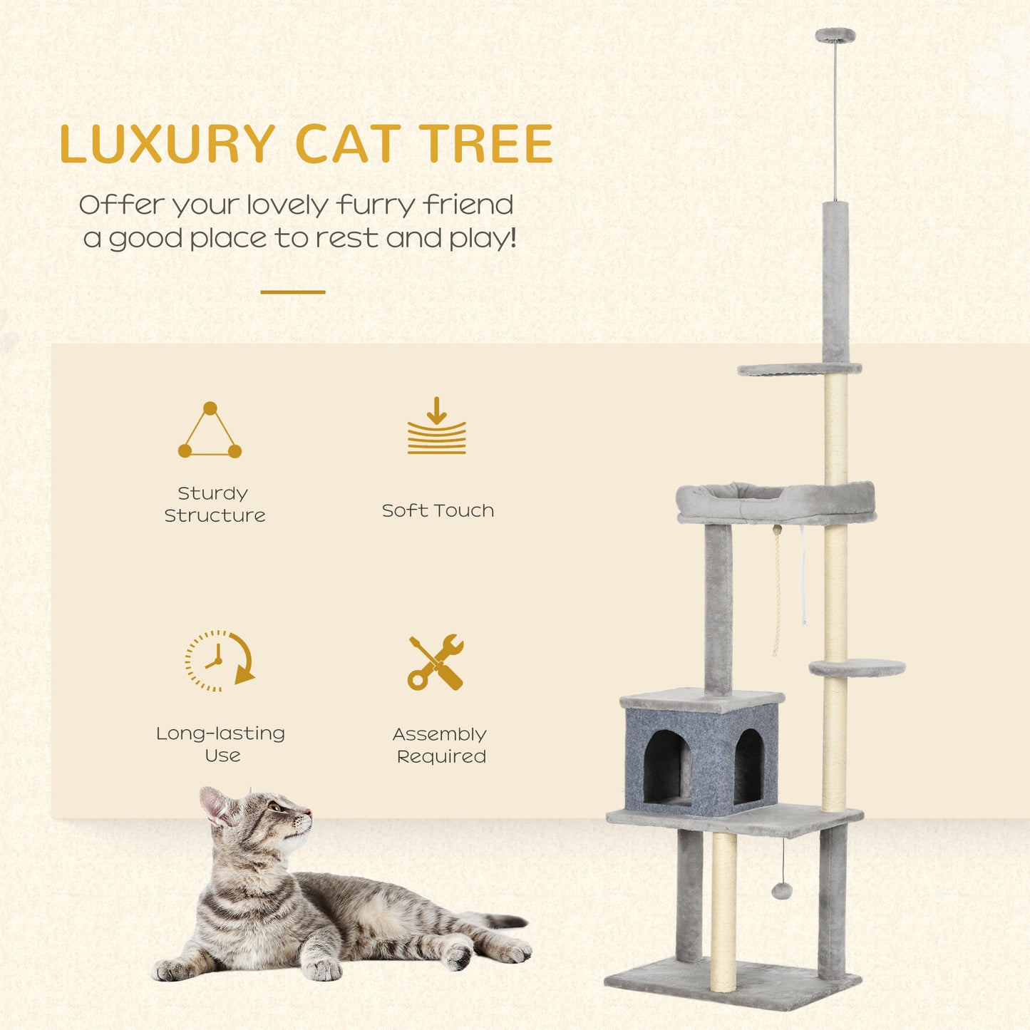 Cat Tree Floor to Ceiling Cat Tower Height Adjustable( 85-101 Inches), Tall Large Cat Climbing Activity Center with Scra