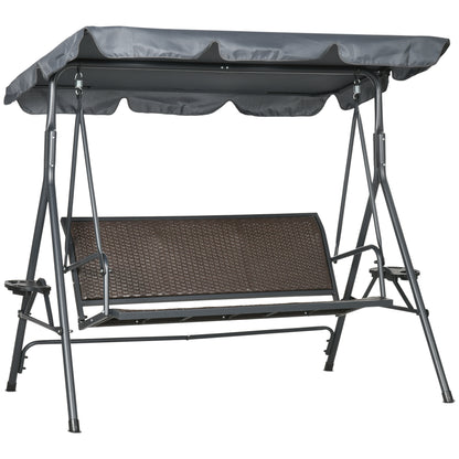 3-Seat Patio Swing Chair, Outdoor Canopy Swing Glider with Adjustable Shade, Rattan Seat and Steel Frame, for Porch, Gar