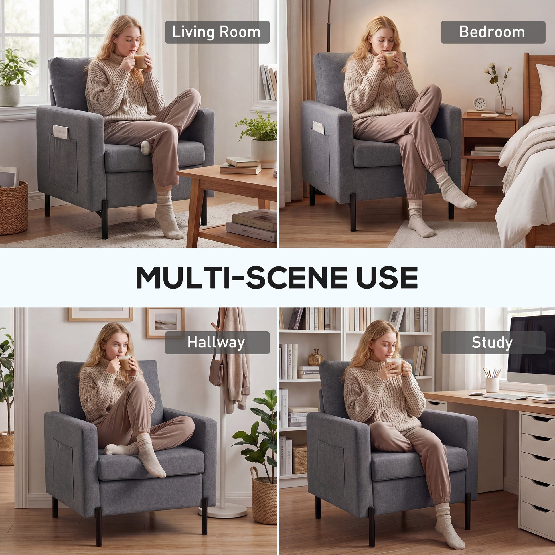 Accent Chair Modern Upholstered Armchair with Side Pockets and Cushion for Bedroom, Living Room, Dark Grey