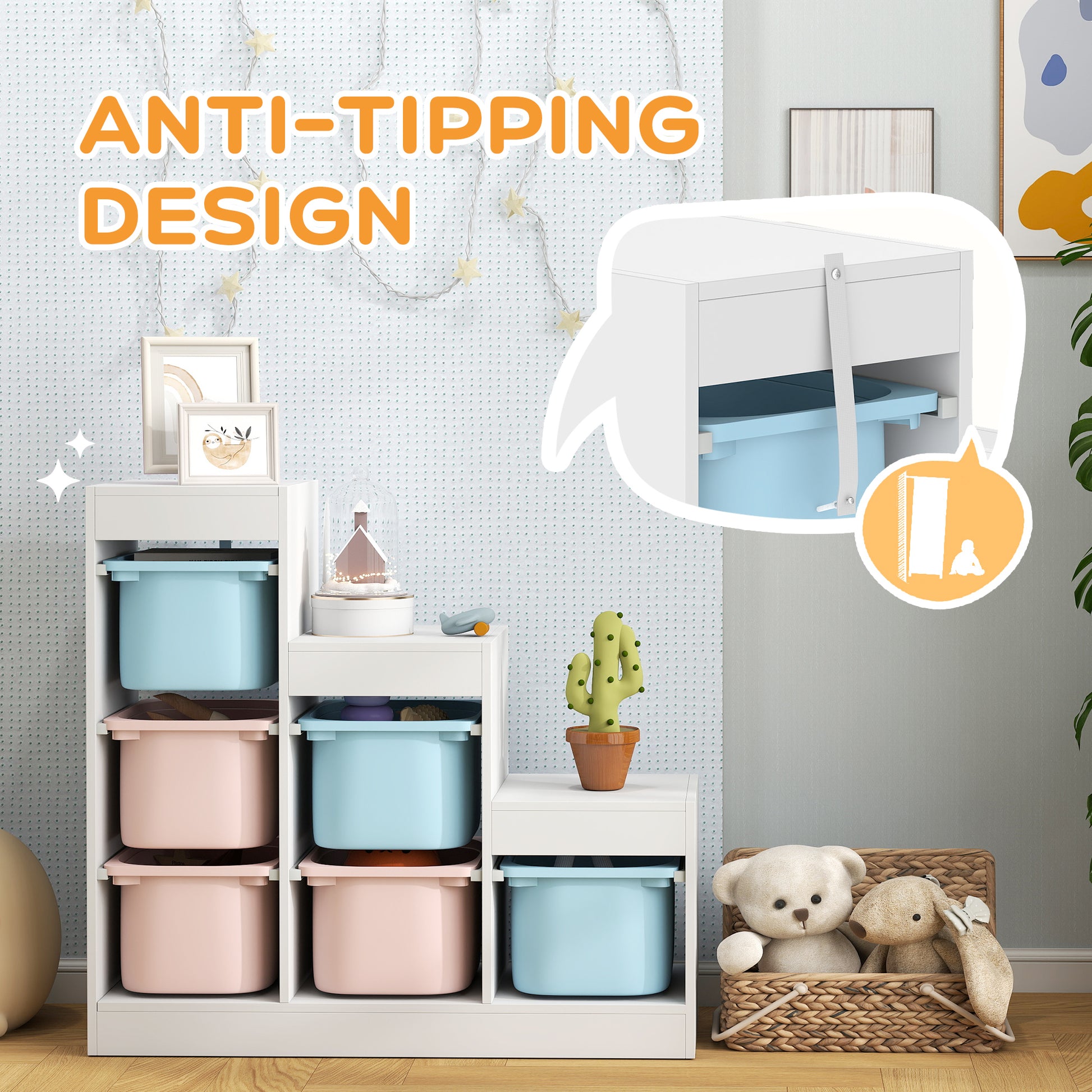 Qaba 3 Layers Toy Storage Organizer Kids Bookshelf Children Toy Storage w/ 6 Plastic Bins, Blue & Pink