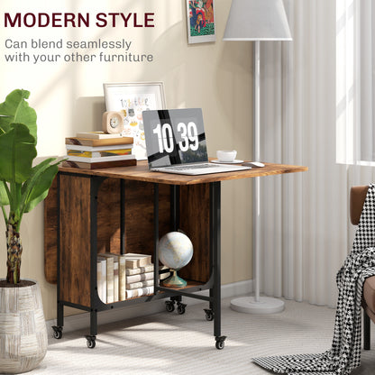 Folding Dining Table, Extendable Kitchen Table for Small Spaces with Storage Shelf and 6 Wheels, Rustic Brown